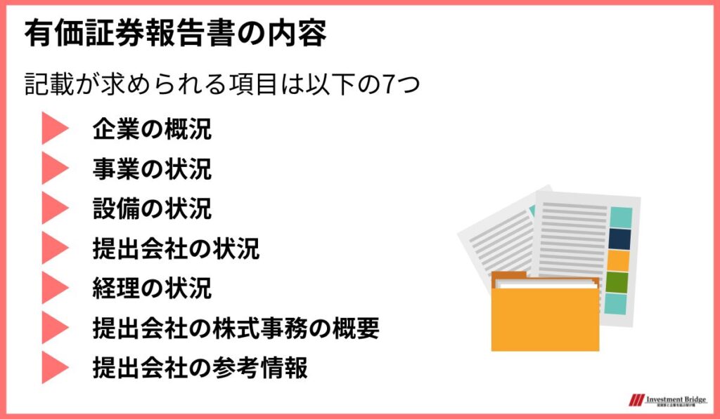 有価証券報告書の内容で記載が求められる項目は7つある